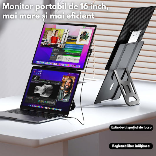 Monitor Portabil Extensibil Laptop Qova Ecran 16 Inch Ips Full Hd 1200p Display 60hz Contrast 1000:1 16,7 Milioane Culori Rotire 360° Compatibil Windows Macos Linux Android Design Vesa Plug Play Port Usb-c Suport Inclus