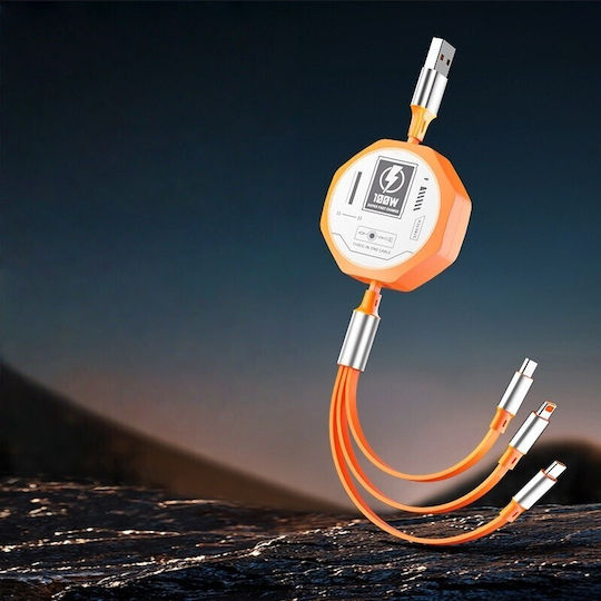 Cablu 3în1 Extensibil Telefon Alista Home 100w Încărcare Rapidă Mecha Stil Potrivit Mașină Universal 1.2m Portocaliu