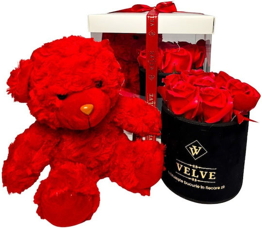 Pachet Special De Valentine Tommy Bear Aranjament 20 Cm 7 Trandafiri Săpun În Cutie Elegantă