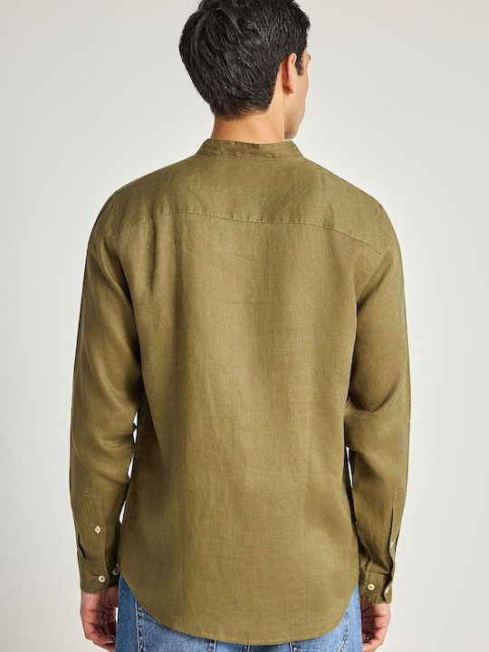 Long Sleeve Linen Shirt in Regular Fit Khaki