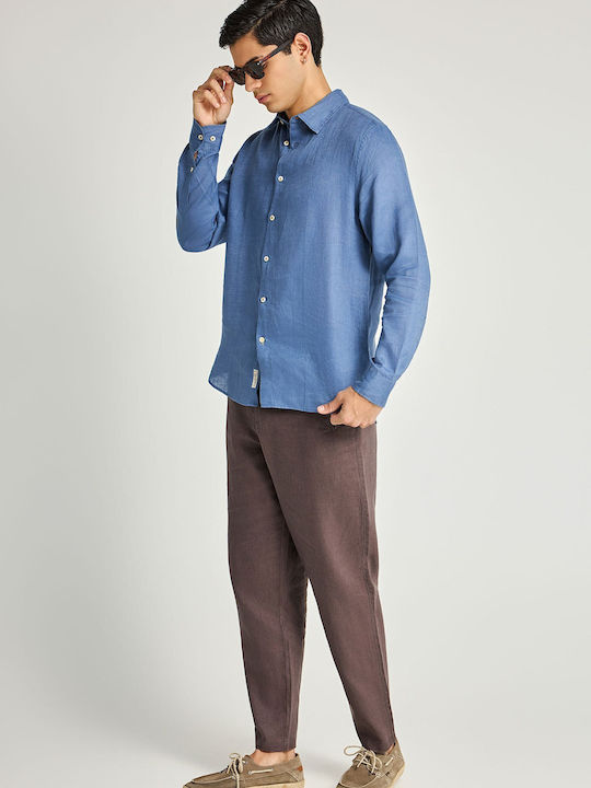 Long Sleeve Linen Shirt in Regular Fit Blue
