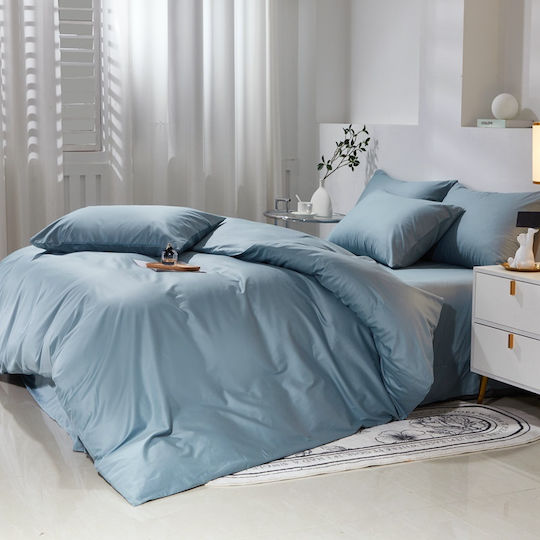Single Cotton Duvet Cover Set 160x240cm 1 Pillowcase & 1 Bed Sheet Gray Blue