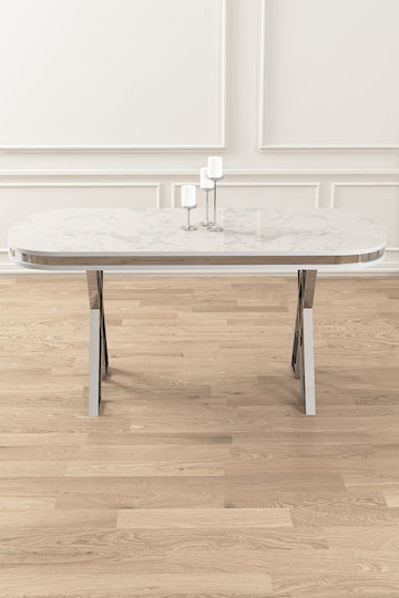 MDF Esstisch Mit Weißer Marmoroptik Und Silberner Basis 170x90x75cm