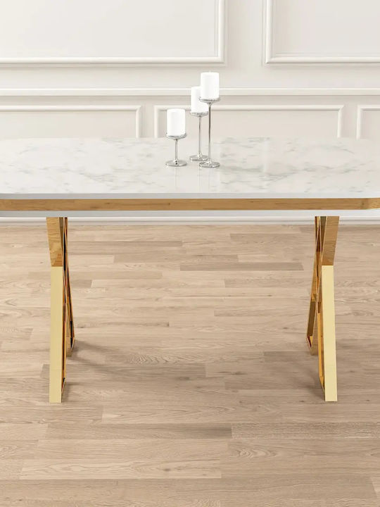 Dining Room Table MDF White Glossy Marble Effect With Gold Metal Base 170x90x75cm