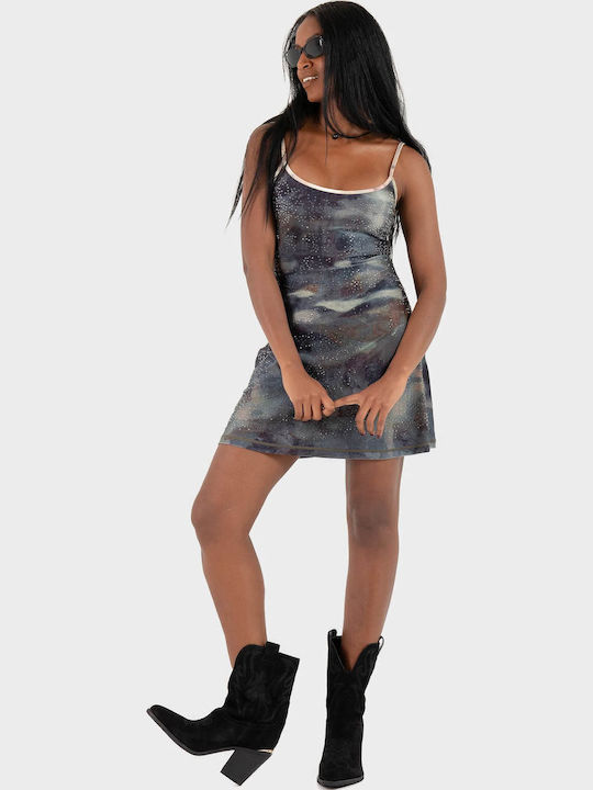 Summer Mini Evening Dress Open Back with Mesh Blue