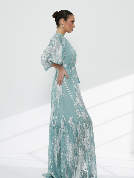 Rochie Maxi Pentru Nuntă Botez Cu Dantelă Turcoaz