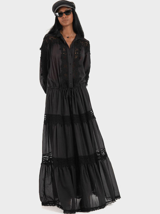 Maxi Evening Dress with Lace Black