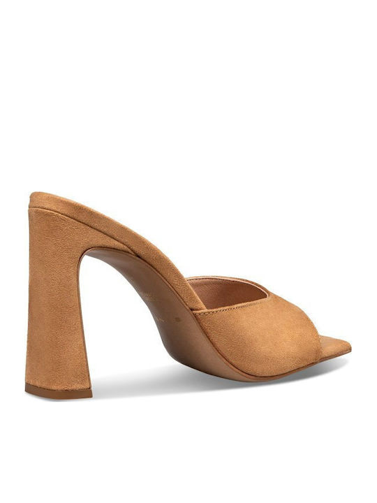 Suede Damen Pantoletten mit Chunky Absatz in Braune Farbe