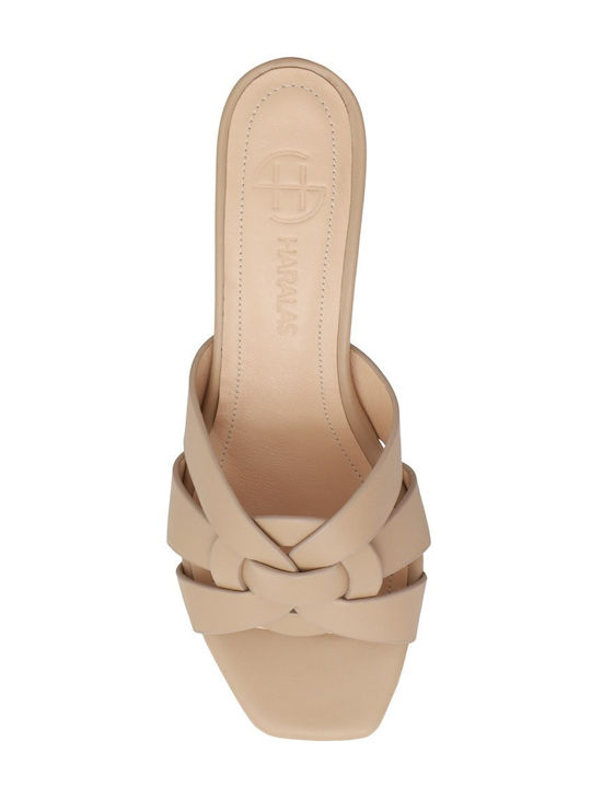Leather Mules with Chunky High Heel in Beige Colour