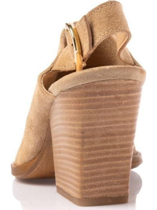 Leather Mules with High Heel in Beige Colour
