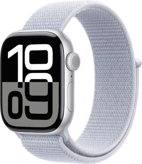 Apple Watch SE 2024 Aluminium 44mm Αδιάβροχο με Παλμογράφο (Silver με Blue Cloud Sport Loop)