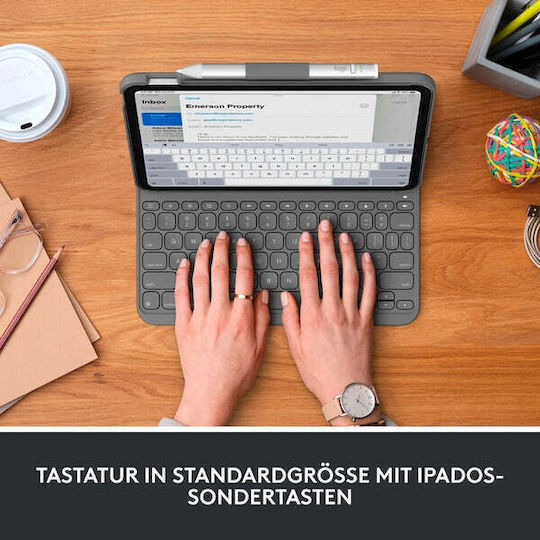 Logitech Bluetooth Slim Folio Флип капак с Клавиатура в Немски Сив (iPad 2022 10.9'' - iPad 2022 10.9 инча) 920-011423