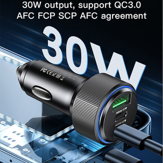 Yesido Автомобилен Заряден Устройство 60W Бързо Зареждане с Портове 1xUSB-A 2xType-C Черен Цвят