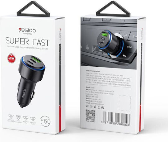 Yesido Автомобилен Заряден Устройство 60W Бързо Зареждане с Портове 1xUSB-A 2xType-C Черен Цвят