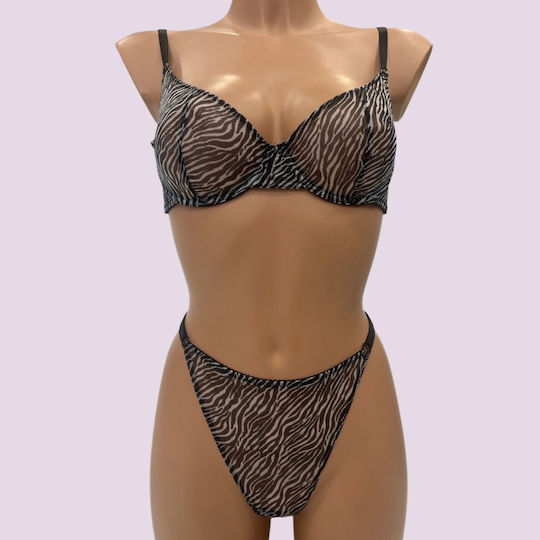 Modern Ocean Women's Sexy Lingerie Set Animal Print Zebra Transparent Bra & Adjustable String 5595 Zebra
