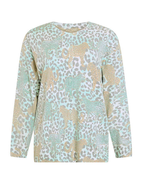 Celestino Strickjacke Für Damen Strass Animal Print Türkis