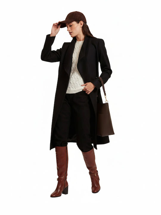 Rose Wool Women's Black Coat with Belt