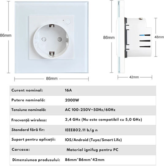 Priză Inteligentă de Perete Wifi Monitorizare Consum 16A – Control de la Distanță prin Aplicația Tuya Smart Life Control Vocal Programare Protecție Copii Panou din Sticlă Termorezistentă Compatibilă cu VisionHub Ios Android Amazon Alexa Google Home