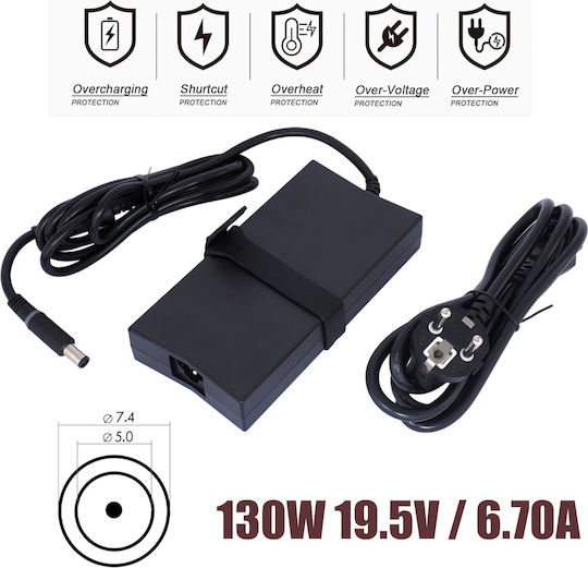 7.4mm x 5.0mm Laptop Charger 130W 19.5V 6.7A for Dell with Detachable Power Cable