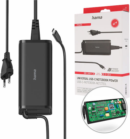 HAMA USB-C Universal Laptop Charger 92W 20V 4.6A with Detachable Power Cable