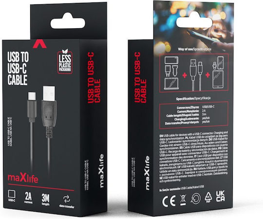 Maxlife USB 2.0 Cable USB-C Male - USB-A Black 3m MAXLIFETYPEC3B