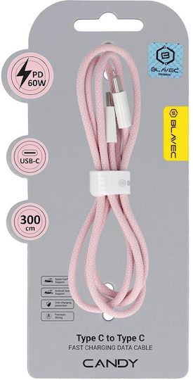 Blavec Braided USB 2.0 Cable USB-C male - USB-C 60W PD Ροζ 3m