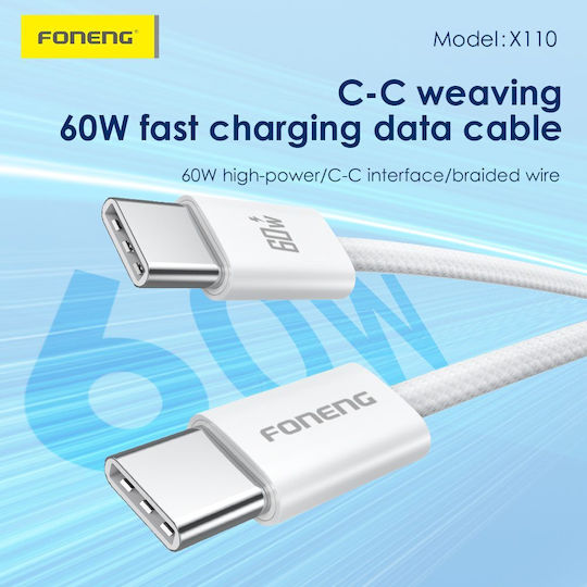 Foneng Braided USB 2.0 Cable USB-C Male - USB-C 60W PD White 1.2m