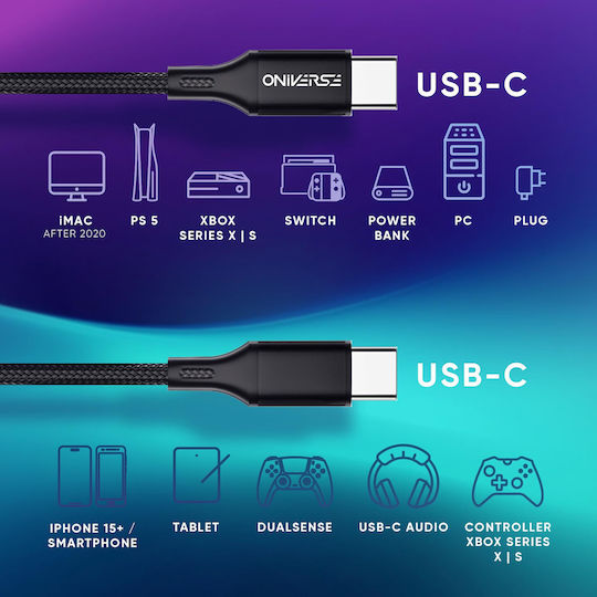 Oniverse USB 2.0 Cable USB-C male - USB-C Μαύρο 3m