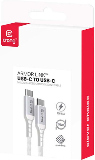 Crong Cablu Armor Link USB 3.0 USB-C Masculin - USB-C 60W PD Alb 0.25m