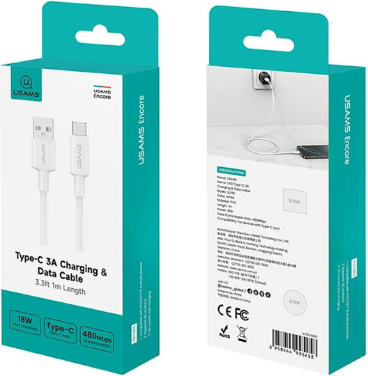 Usams USB 2.0 Cable USB-C Male - USB-A / USB-C 18W White 1m