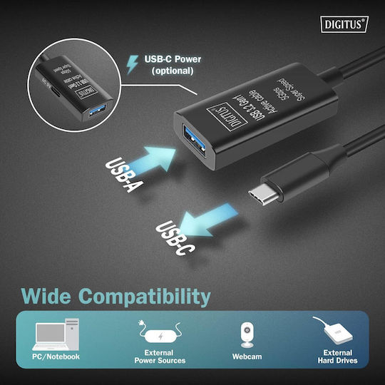 Digitus USB 3.2 Cable USB-C male - USB-A female Black 5m (DA-73110)
