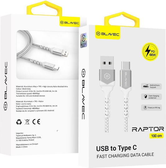 Blavec Cablu Raptor Braided USB 2.0 USB-C Masculin - USB-A 66W PD Alb 1m