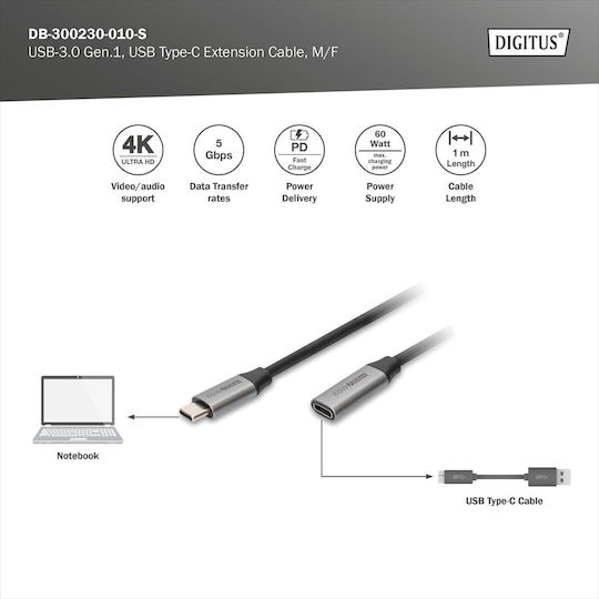 Digitus Video Cable USB Type-C Male - USB Type-C Female 60W PD Black 1m