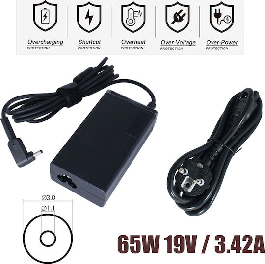 Acer Φορτιστής Laptop 65W 19V 3.42A με Αποσπώμενο Καλώδιο Τροφοδοσίας