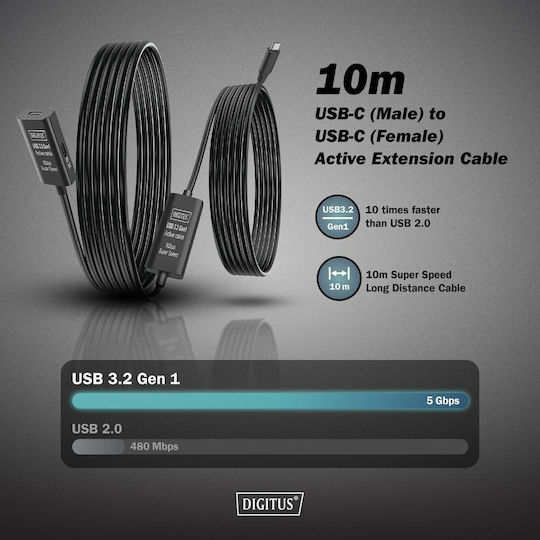 Digitus USB 3.2 Cable USB-C male - USB-C female 100W Μαύρο 10m DA-73109