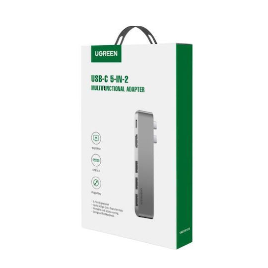 Ugreen CM251 Dual USB-C Docking Station mit HDMI 4K PD und Verbindung 2 Monitore Silber