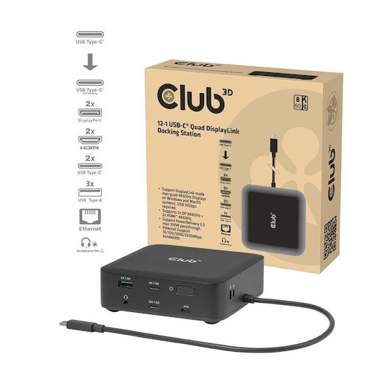 Club3D CSV-2542 USB-C Docking Station with HDMI/DisplayPort 4K PD Ethernet and Support for 3 Monitors Black