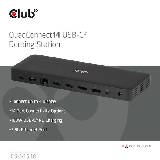 Club3D USB-C Stație de andocare cu 4K PD Ethernet Negru (CSV-2540)