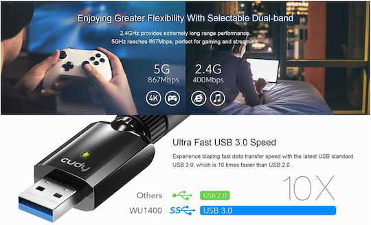 Cudy WU1400 USB Network Adapter with Wireless Wi-Fi Connection 1300Mbps and Detachable Antenna
