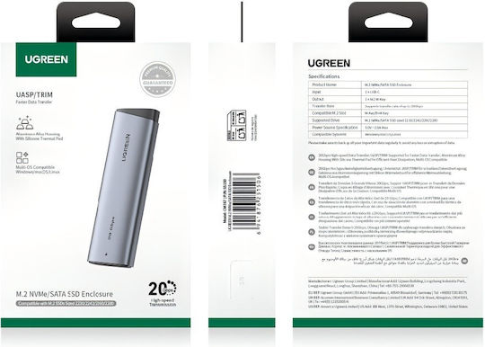 Ugreen Θήκη για Σκληρό Δίσκο M.2 SATA III NVME με σύνδεση SATA USB 3.2 Serial Type-C