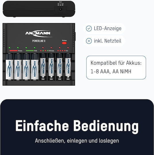 Ansmann Powerline 8 Încărcător 8 Baterii Ni-Cd/Ni-MH Dimensiune AA/AAA