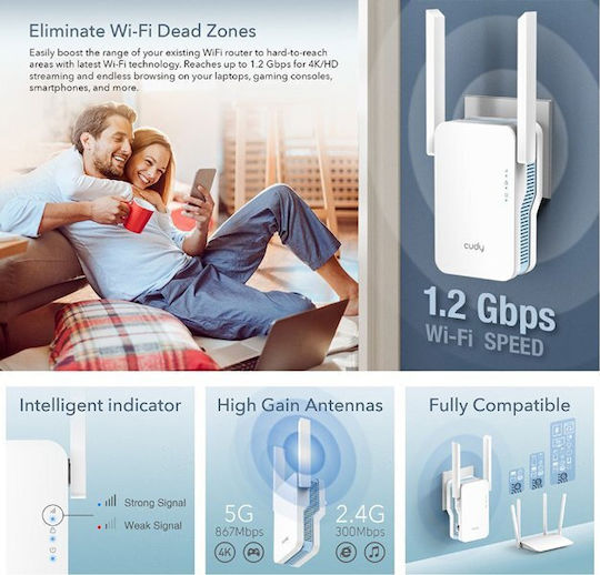 Cudy RE1200 v2 Мрежов Wi-Fi Удължител Двулентов (2.4 и 5GHz) 1200Mbps