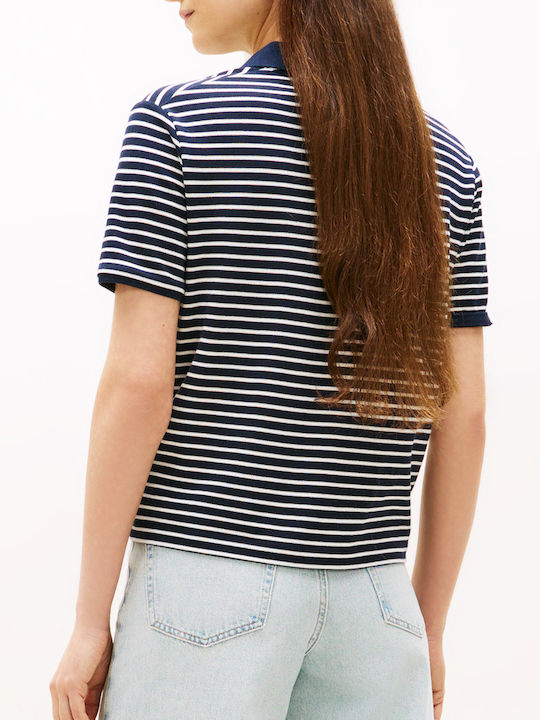 Women's Striped Short Sleeve Polo Blouse Mixed