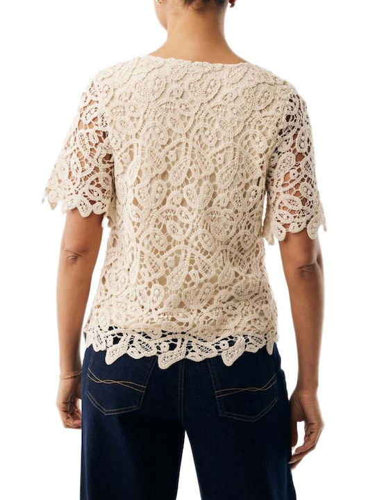 Mexx Women's Cotton Blouse with Beige Lace