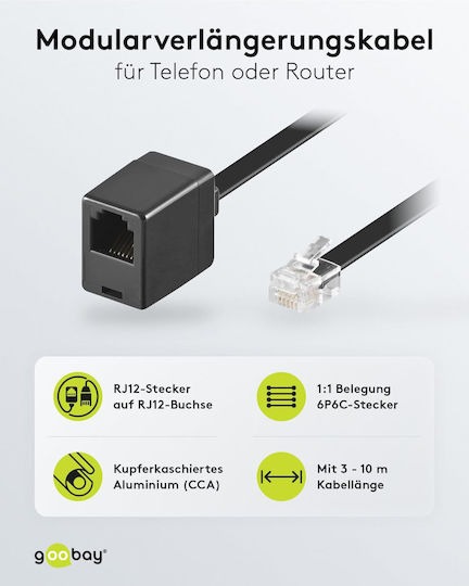 Goobay Flat Telephone Cable RJ12 10m Black (68261)