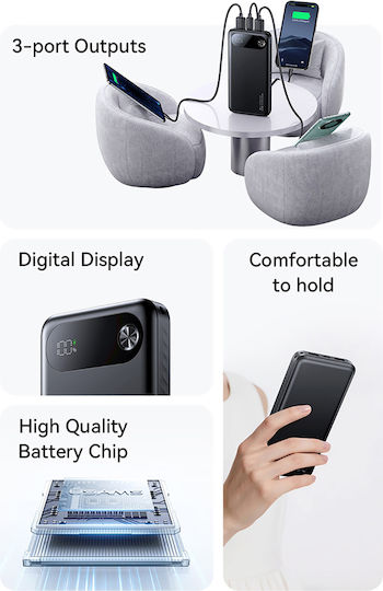 Usams CD249 Baterie Externă 10000mAh 20W Cu 2 Porturi De Ieșire USB-A Și Port De Ieșire USB-C Power Delivery Negru