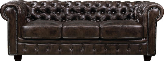 CHESTERFIELD Τριθέσιος Καναπές Γνήσιο Δέρμα Καφέ 201x92x72εκ.
