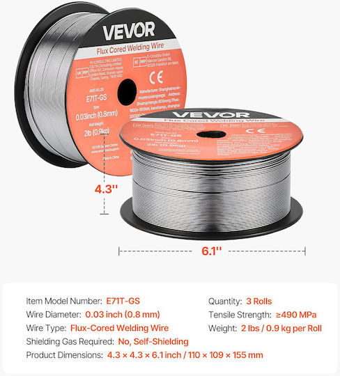 Σύρμα Συγκόλλησης Vevor Flux Core Mig E71t-gs 0,8mm 0,9kg Αέριο Χωρίς Αέριο Συγκόλληση Ήπιου Χάλυβα Χαμηλή Εκτόξευση Συγκόλληση Τόξου Όλες Τις Θέσεις Αυτοπροστατευόμενο Εξωτερική Χρήση Συσκευασία 3 Ρολών