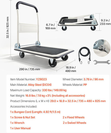 Vevor Collapsible Transport Trolley Capacity 149.69 Kg Truck Platform Swivel Wheels Transport Trolley Flat Platform Space Saving Push Handle Easy Storage 735 X 480 X 825 Mm