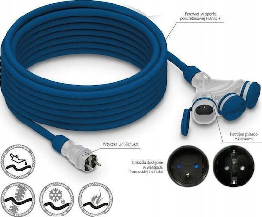 Extension Cord Cable 3 Sockets with Length 10m Cross Section 3 x 1.5mm² and Grounded Waterproof
